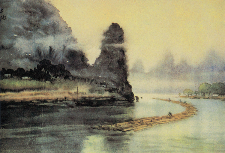 阳太阳《漓江木排》（水彩）40x54cm 1954年2月.jpg